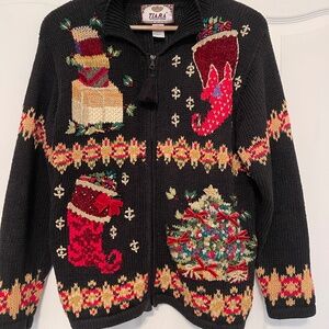 Tiara International Vintage Christmas Sweater Holiday Zipper Cardigan